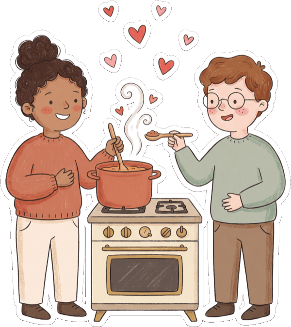 A couple cooking dinner together
