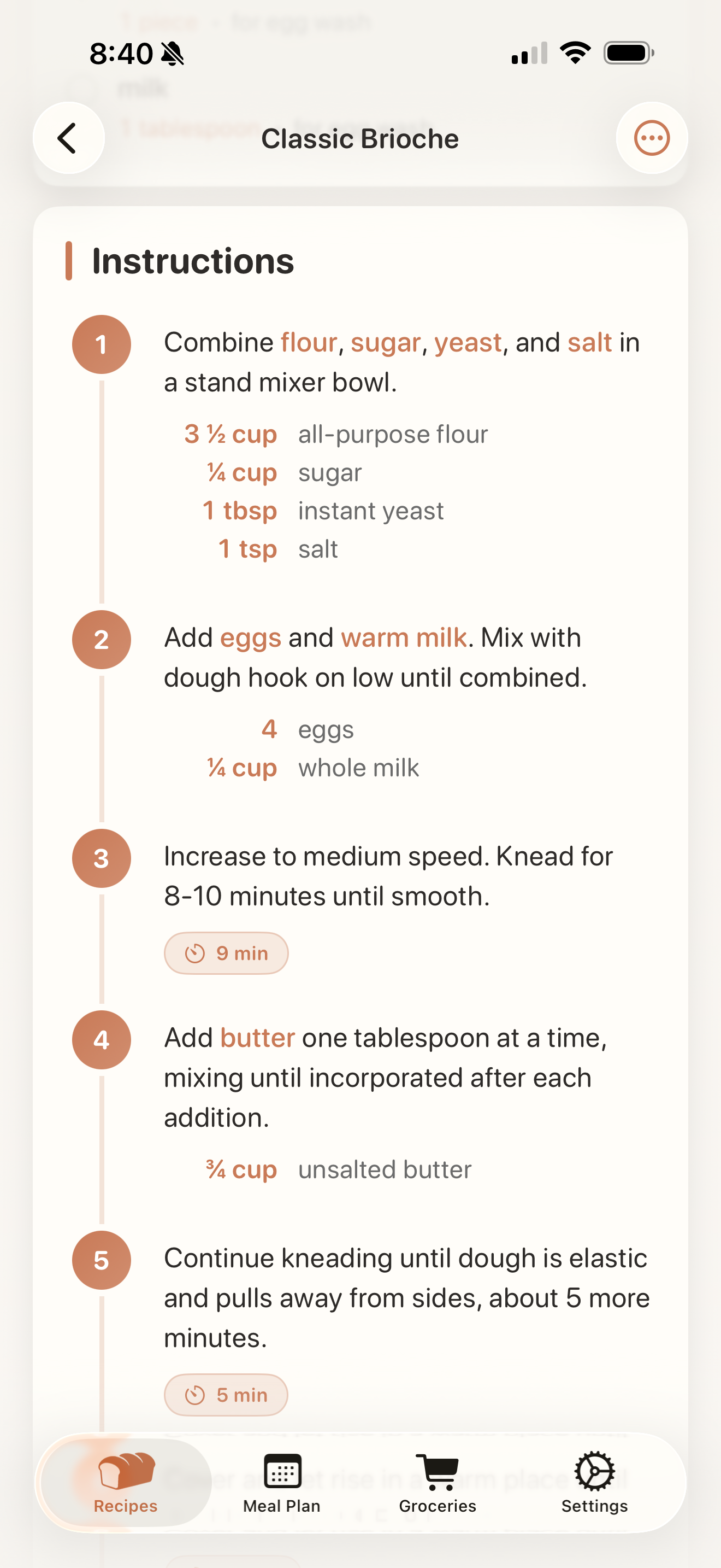 Step-by-step recipe view with ingredients