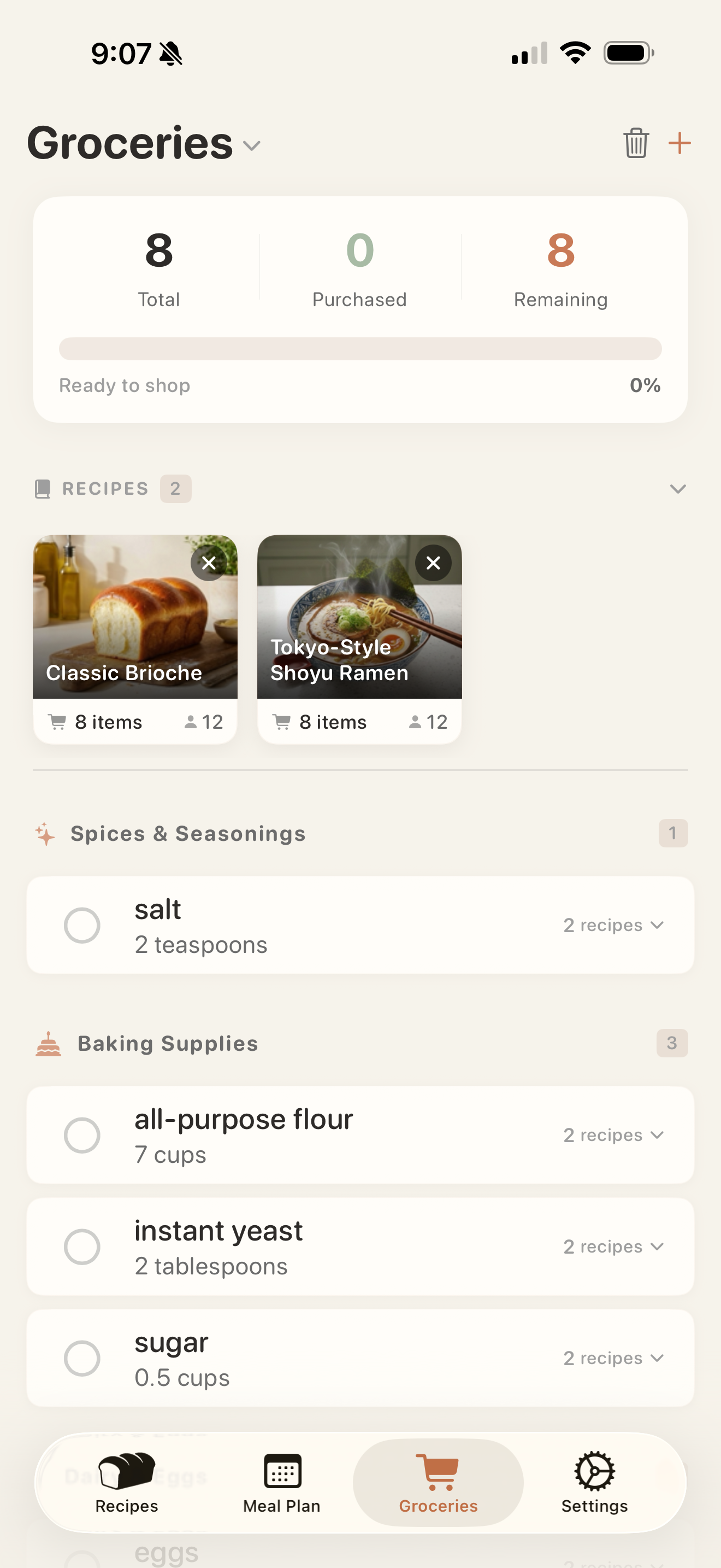 One-tap grocery list from any recipe